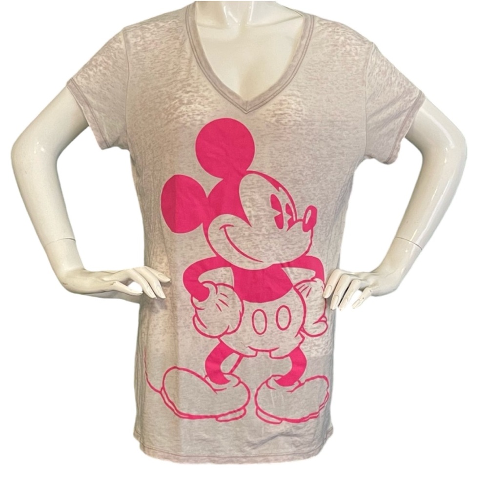 Disney Women's XXL Mickey Mouse Light Grey Hot Pink Burnout V Neck T-Shirt